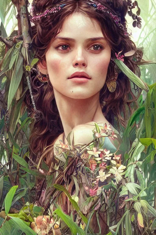 Image similar to ultra realistic illustration, bohemian girl in jungle, staring directly into camera, intricate, elegant, highly detailed, digital painting, artstation, concept art, smooth, sharp focus, illustration, art by artgerm and greg rutkowski and alphonse mucha