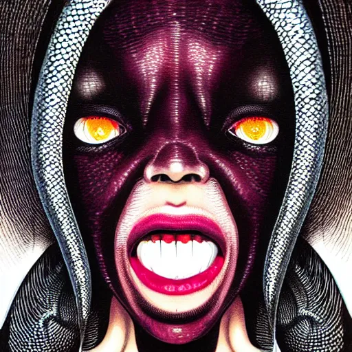 Prompt: portrait closeup of screaming black reflective glossy dark woman, sensual pose, symmetrical, glitches, snakes coming out from her mouth, by yoichi hatakenaka, masamune shirow, josan gonzales and dan mumford, ayami kojima, takato yamamoto, barclay shaw, karol bak, yukito kishiro, moebius