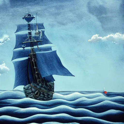 Image similar to a girl is pirate in a ship which is sailing in dark sea sky is dark blue and clouds and thunderstorms coming in far waves are big