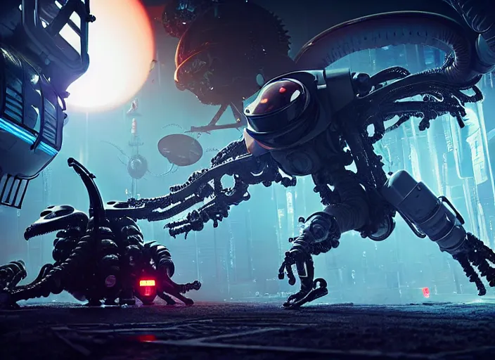 Image similar to astronaut fighting off a mechanical alien. on the background of a weird magical mechanical forest. Intricate. Very detailed 8k. Fantasy cyberpunk horror. Sharp. Cinematic post-processing. Unreal engine. Nanite. Ray tracing. Parallax. Tessellation