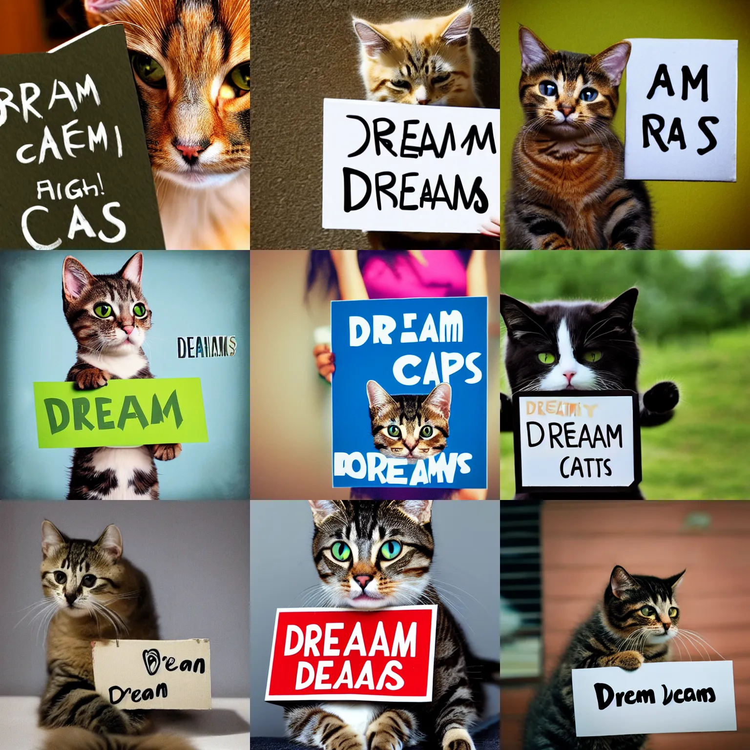 Image similar to realistic high quality photo of a cute cat holding a sign with text that reads : dream cats