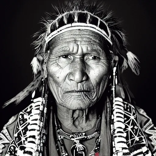 Prompt: portrait of a hopi shaman, wearing hopi ceremonial costume, 7 0 yo, annoyed look, dark background, studio light, hdr, nikon 2 4 mm f / 1 1 g, by sebastiao salgado