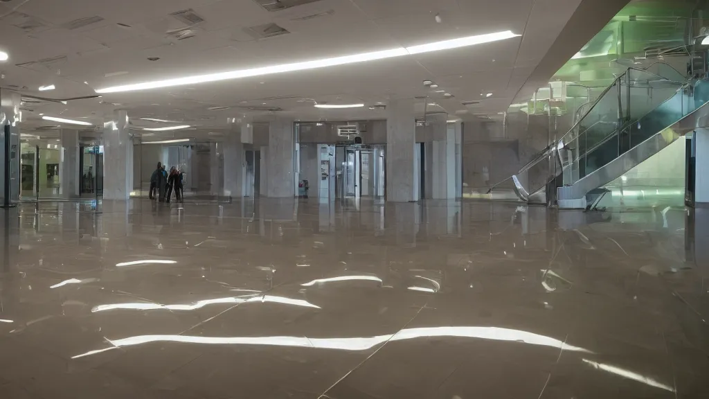 Image similar to biopunk lustrous lift floor in a bright lobby, iso 2 0 0