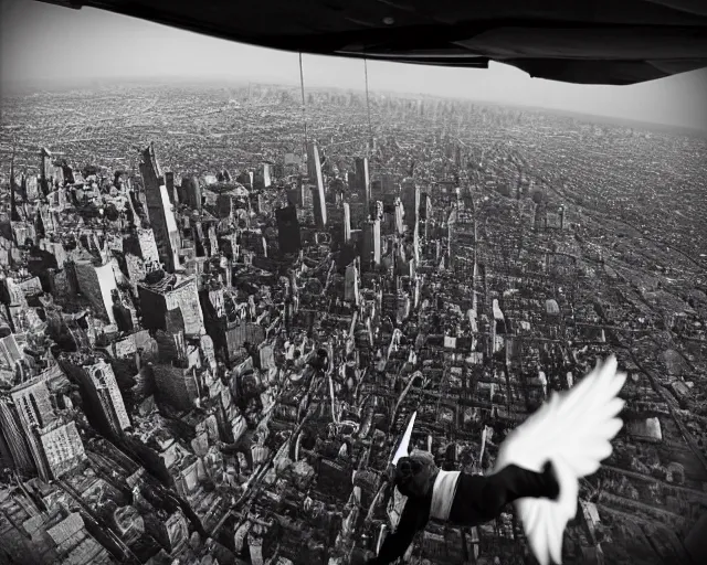 Image similar to a homeless man fly's in the sky like an angel over the city. realistic image. new york city candid photo. hyperrealistic terrorist attack.