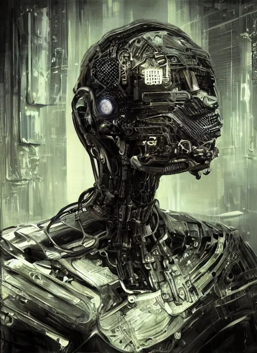 Image similar to a hyper - detailed fine painting of a synthetic man ( cyber - organic ), dystopian concept art