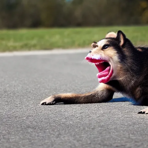 Image similar to a realistic photograph of a rabid politican splooting on the ground