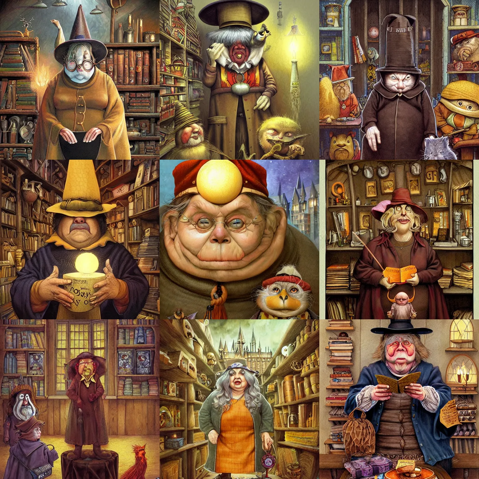 Prompt: Nanny Ogg is jovially teaches in Hogwarts, School of Witchcraft and Wizardry, detailed, hyperrealistic, colorful, cinematic lighting, digital art by Paul Kidby