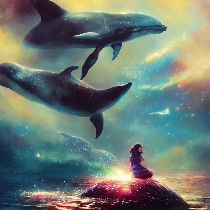 Image similar to glimmering whale, dolphins, cosmos, milky way galaxy, golden hour, god rays, coral reef, dreamscape by artgerm and ruan jia and ismail inceoglu and greg olsen, masterpiece, beautiful, intricate, elegant, highly detailed