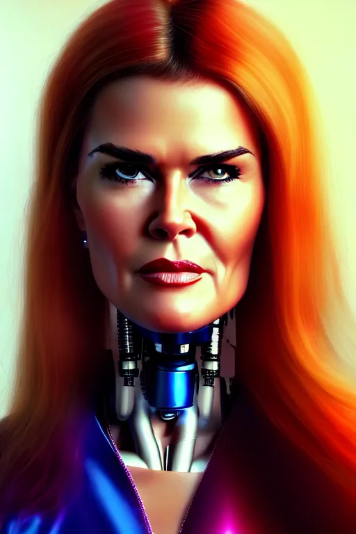 Prompt: mix of beautiful young maria shriver, mariel hemmingway, brooke shields, nicole kidman and elle macpherson as a cyborg terminator, thin lips, hair tied up in a pony tail, dark blonde hair, colorful, artstation, cgsociety