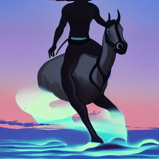 Prompt: a beautiful tarot! painting of a regal african cowboy riding a dolphin! in front of a pale lavender sunrise, dawn, predawn, golden light, art deco!, art nouveau, silhouette, no crop, trending on artstation