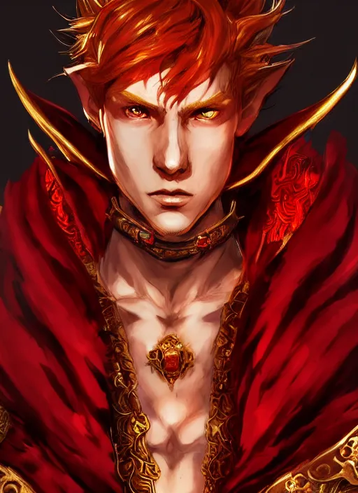 Image similar to Half body portrait of a handsome young red haired elven monk prince with dragon eyes, staff and red and golden ornate dragon robe. In style of Yoji Shinkawa and Hyung-tae Kim, trending on ArtStation, dark fantasy, great composition, concept art, highly detailed.