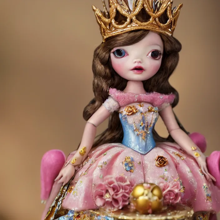 Image similar to closeup portrait of tin toy fairytale princess sitting on a throne wearing a crown eating cakes, depth of field, zeiss lens, detailed, symmetrical, centered, fashion photoshoot, by nicoletta ceccoli, mark ryden, lostfish, breathtaking, 8 k resolution, extremely detailed, beautiful, establishing shot, artistic, hyperrealistic, octane render