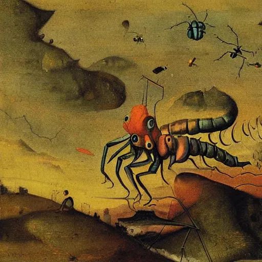 Prompt: A new species of giant intensely colored insect is tormenting the lands. Mammals are running. Thunderstorm afar. Painting by Bosch
