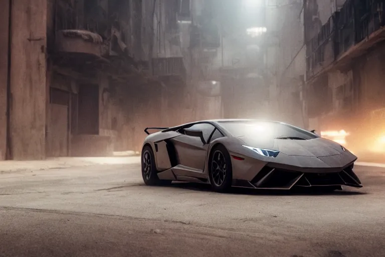 Image similar to A cinematic film still of a Lamborghini in the movie Blade Runner: 2049.