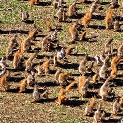 Prompt: army of squirrels fighting against child