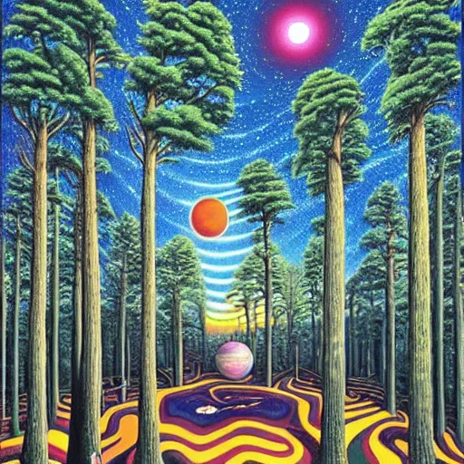 Prompt: psychedelic, trippy, velvet, pine forest, planets, milky way, cartoon by rob gonsalves