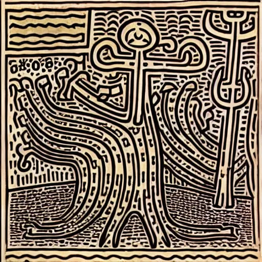 Image similar to smoky angelic otherworldly London line burbot machinery harbor teak tree , by Keith Haring and Evard Munch and Wendy Froud , groovy , smooth , tarot card
