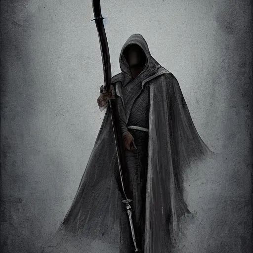 Image similar to a man in a grey cloak holding his black spear up to the sky, Digital art