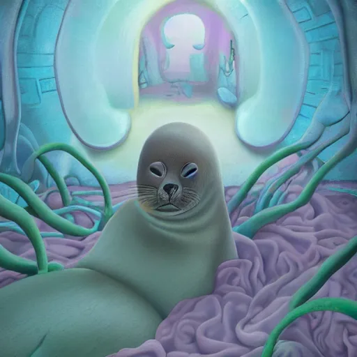 Prompt: Prince in pastel!!!!, **whimsical acrylic modern pop surrealism, Even Giger-y dark overlords living in the ruins of an ancient system of tunnels and caves like to be comfy every once in a while!,** A seal sleeping peacefully in a kelp forest, **cinematic, hyper realistic, detailed, 8k, octane render**.