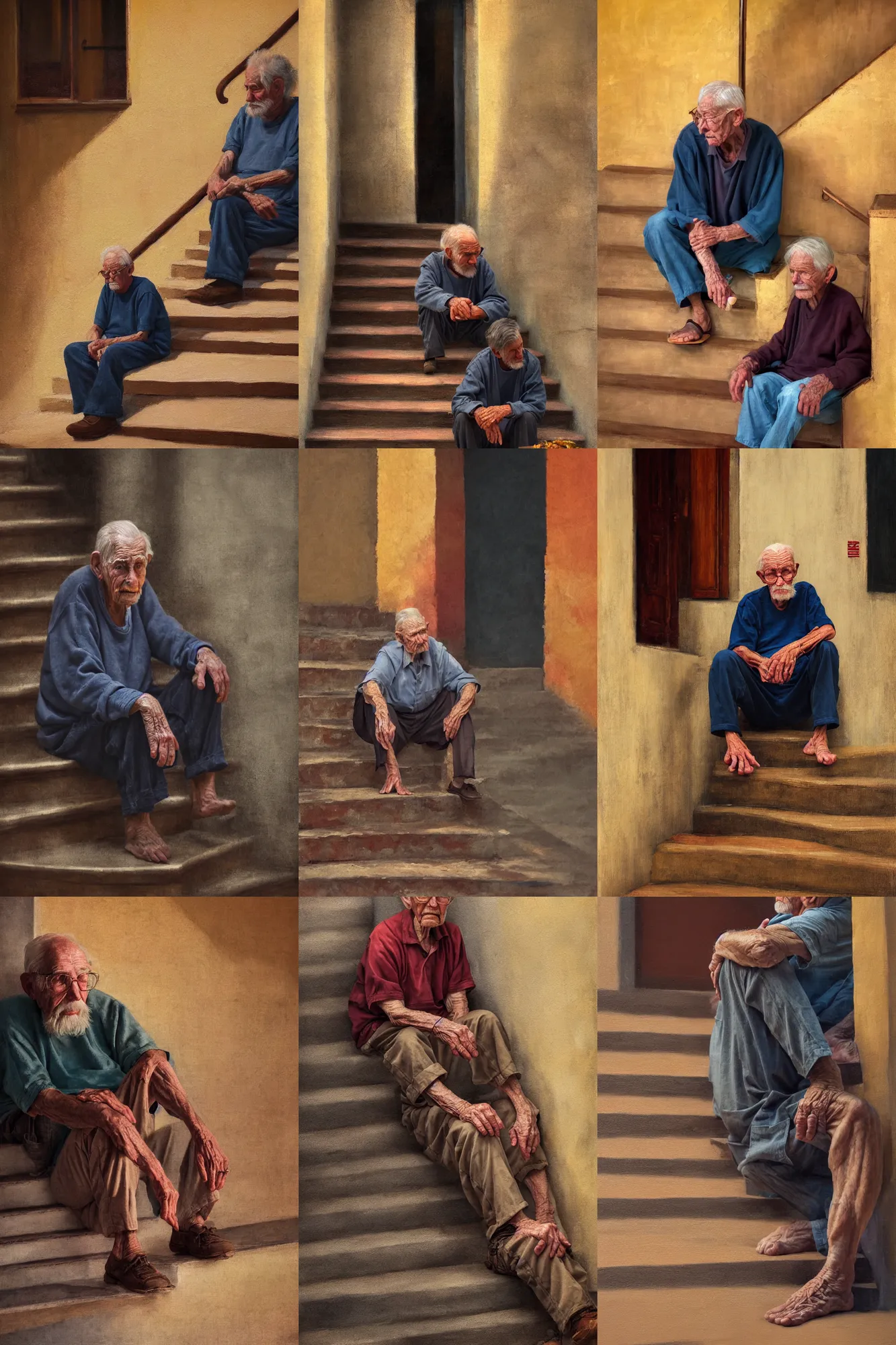 Prompt: old man sitting on the stairs in the village warm colors, soft lighting, atmospheric, cinematic, moody, in the style of diego koi, gina heyer, luiz escanuela. art by alyssa monk, hyperrealism, rule of thirds, oil on canvas, 8 k
