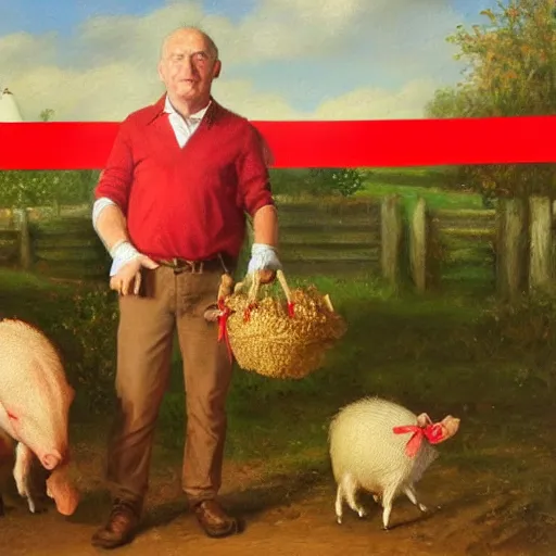 Image similar to a proud englishman farmer showing off his prized red ribbon hog at the county fair, oil painting