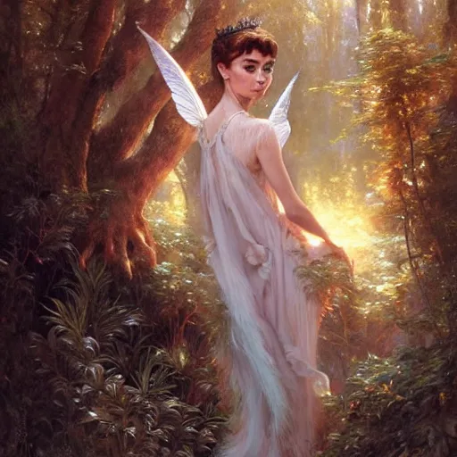 Image similar to audrey hepburn as a winged fairy in a fantasy forest, various backgrounds, highly detailed, digital painting, artstation, matte, illustration, art by gaston bussiere, artgerm, greg rutkowski, tom bagshaw