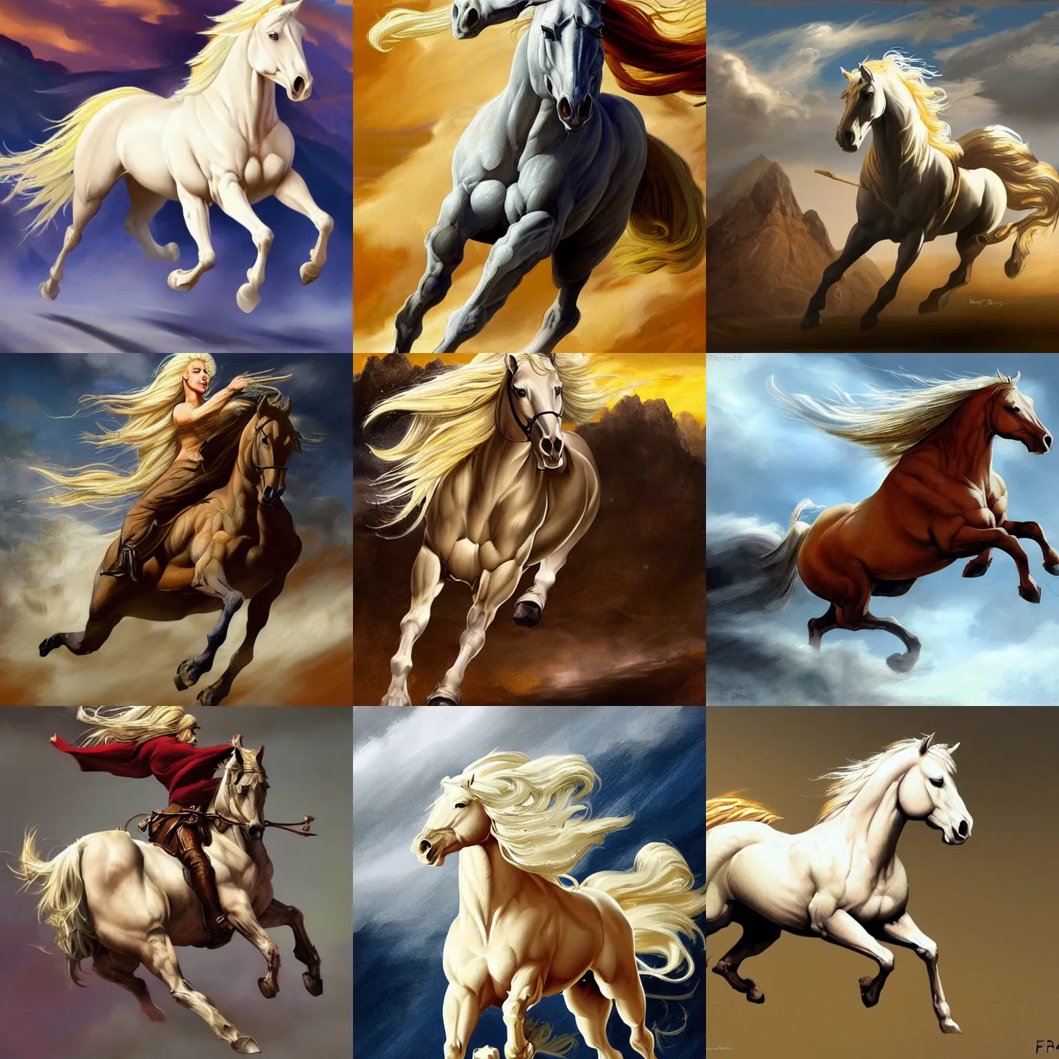 Prompt: white horse with blond mane running, medieval, highly detailed, digital painting, artstation, concept art, sharp focus, illustration, art by frank frazetta