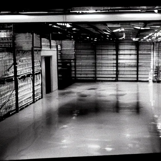 Prompt: metal gear weapon in a warehouse, dramatic shot, 1 9 8 7, movie still