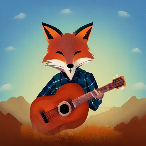 Image similar to a fox animal, wearing cowboy hat, wearing plaid shirt, playing guitar, in barn, album cover style, artstation