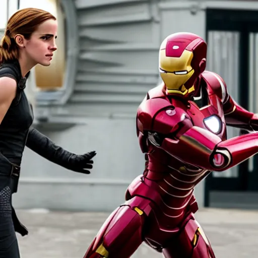 Image similar to a still of emma watson in iron man fighting with captain america ( daniel radcliff )