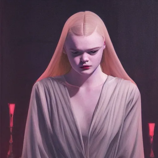 Prompt: vampire Elle Fanning in black robes at night in the world of Edward Hopper, cult, occult, ghosts, extremely detailed masterpiece, oil on canvas, low-key neon lighting, artstation, Blade Runner 2049, Roger Deakin’s cinematography, by J. C. Leyendecker and Peter Paul Rubens,