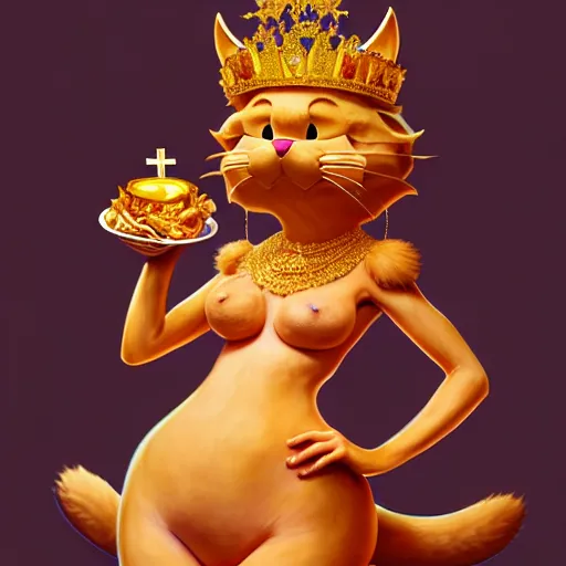 Prompt: fullbody!! personification of garfield the cat as a goddess holding lasagna wearing a crown of gleaming gems, stunning, hyperrealistic, trending on artstation, smooth and sharp, intricate, fine details, elegant, religious, dynamic pose, detailed and intricate environment, professional character concept art by tatyana kupriyanova and greg rutkowski and raymond swanland