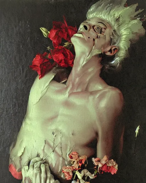 Image similar to a beautiful and eerie baroque painting of a beautiful but sinister man in layers of fear, with haunted eyes, 1 9 7 0 s, seventies, floral wallpaper, wilted flowers, a little blood, morning light showing injuries, delicate embellishments, painterly, offset printing technique, by brom, robert henri, walter popp