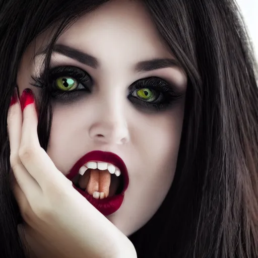 Prompt: photo of beautiful vampire woman make eye contact