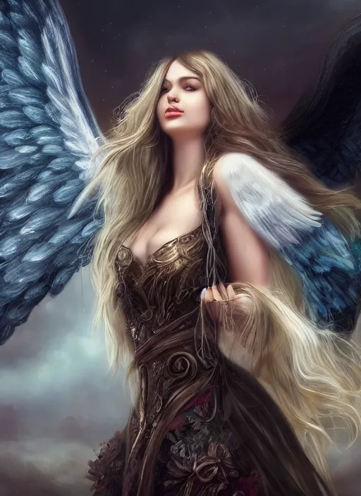 Prompt: a beautiful woman angel big wings, 8 k, sensual, hyperrealistic, high resolution, uhd, hyperdetailed, beautiful face, long hair windy, dark fantasy, fantasy portrait by laura sava