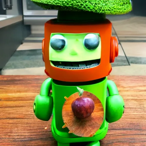 Image similar to little happy robot made of vegetables with big avocado hat and a carrot sword, made in abyss style