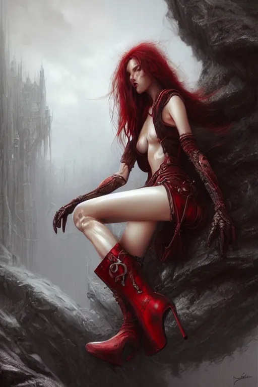 Image similar to red women's boots, shoes only, by wlop, by luis royo, by peter mohrbacher, concept art, digital illustration, intricate, masterpiece, elegant, super detailed, unreal engine rendering, smooth, sharp focus, artstation hq