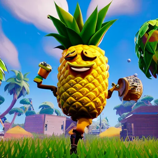 Prompt: anthropomorphic pineapple filled with beans, the bean - filled anthropomorphic pineapple is playing the video game fortnite
