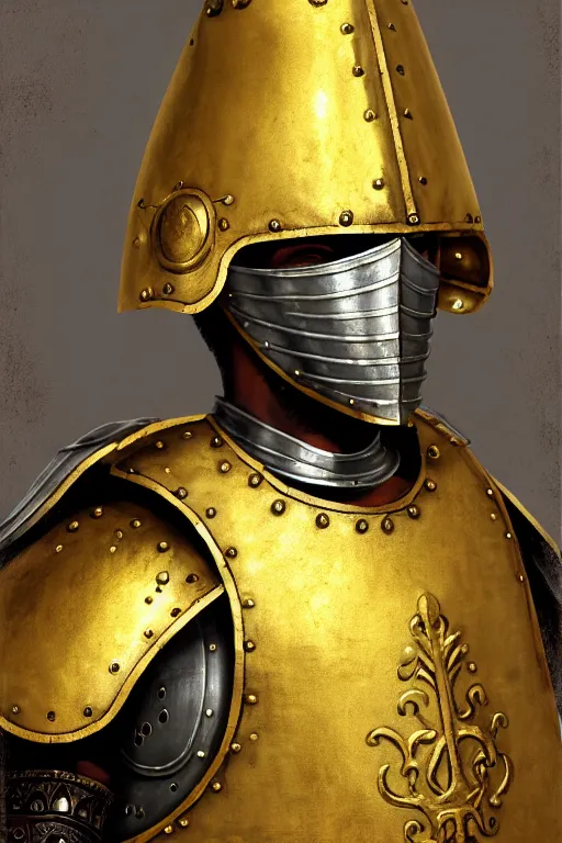 Prompt: man looking forward in iron decorated with gold baroque style christian crusader plate armor, cylindrical crusader great helm covering all his head decorated with golden cross on front it's front and white cape covering most of his body standing at the gates of jerusalem drawn by greg rutkowski realistic high detail