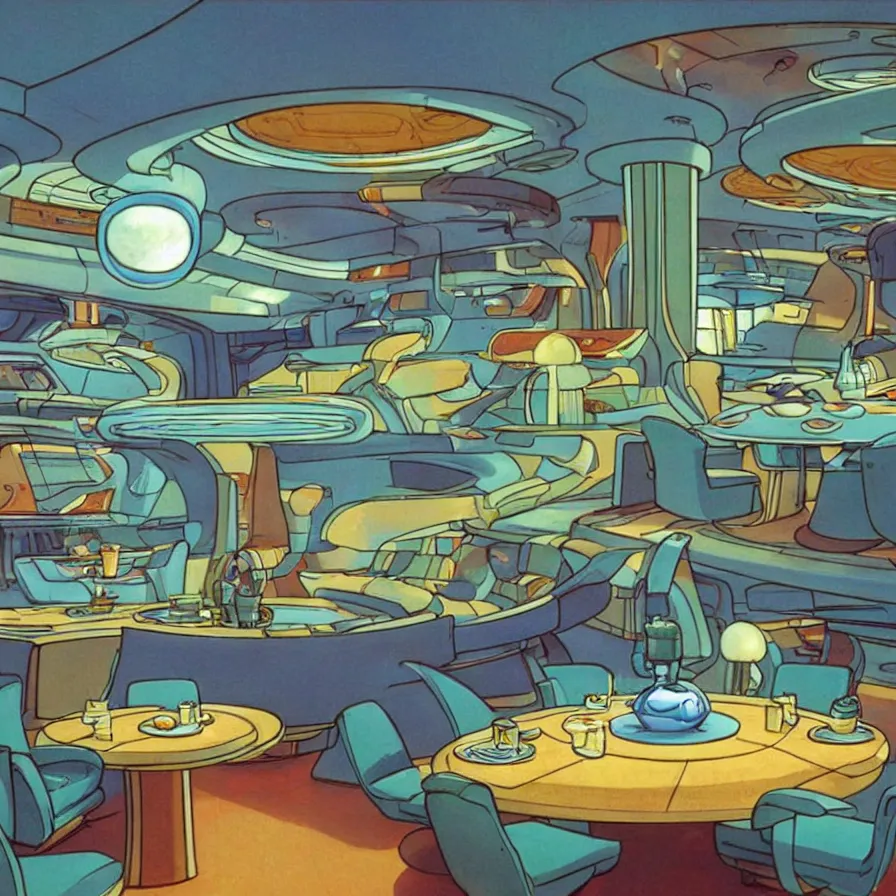 Image similar to concept art of jetsons cartoon indoor big dinning room, painted by tim white