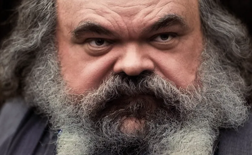 Prompt: Jack Black as Karl Marx in 'Marx' (2018), movie still frame, oscar nominated cinematography, volumetric lighting, 8k resolution, beautiful composition