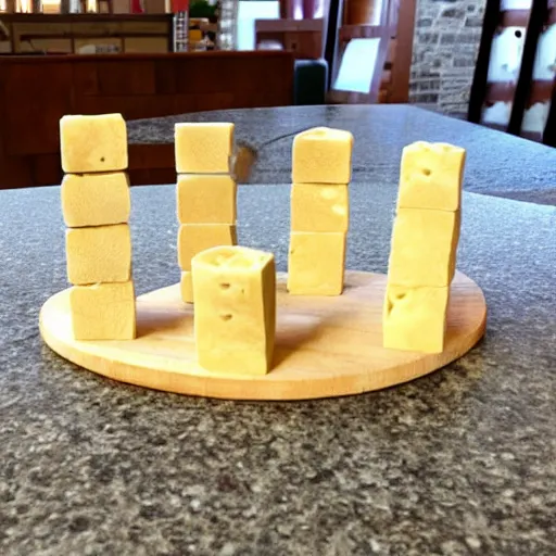 Prompt: stonehenge made out of swiss cheese blocks