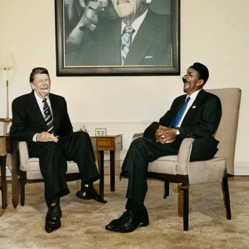 Image similar to [ ronald reagan sitting in chair next to tiger ]