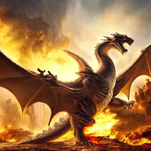 Prompt: illustration of a white dragon destroying a town with fire, realistic painting, high definition, digital art, matte painting, very detailed, realistic