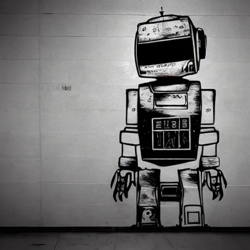 Image similar to chappie robot color graffiti, black and white zef design graffiti covering the wall behind, dark lighting, digital art