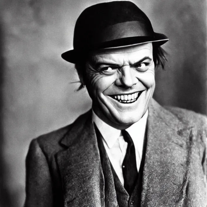 Image similar to a 1920s photograph of Jack Nicholson, portrait, 8k