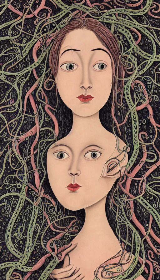 Prompt: very detailed portrait of a 2 0 years old girl surrounded by tentacles, the youg woman visage is blooming from fractal and vines, by charles addams