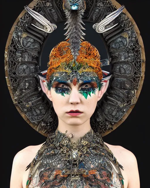 Prompt: 3 d warrior goddess medium shot portrait. beautiful intricate highly detailed magpie helm, shattered armor, kintsugi, quetzalcoatl, bioluminescent, lava, ice, in the style of chiara bautista,
