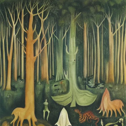 Prompt: a forest with fauna and flora, painting by leonora carrington