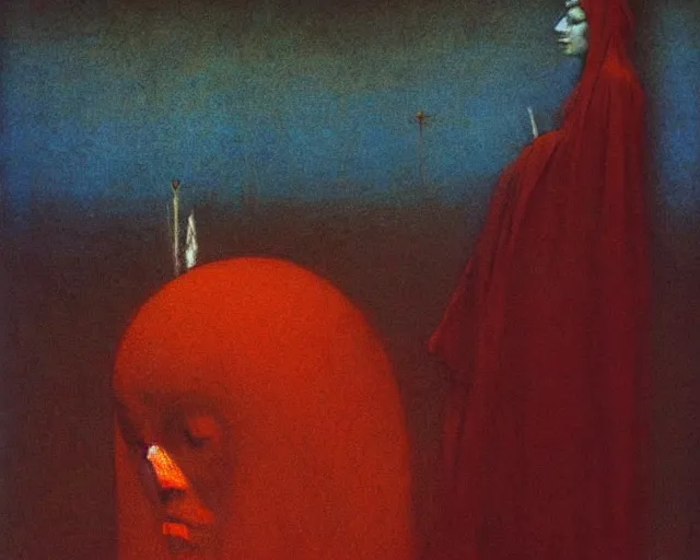 Image similar to by francis bacon, beksinski, mystical redscale photography evocative. devotion to the scarlet woman, priestess in a conical hat, coronation, ritual, sacrament